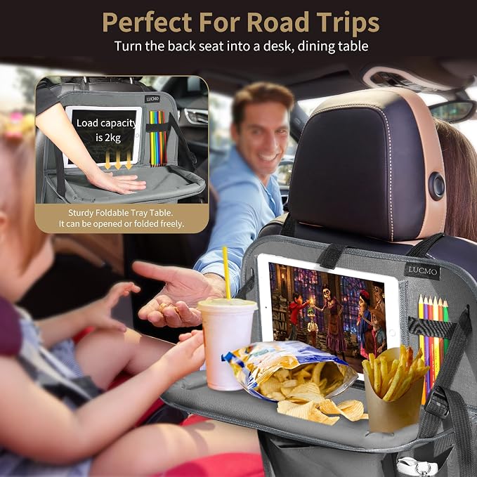 LUCMO Car Backseat Organizer with Foldable Tablet Holder, Grey | 6 Storage Pockets,Foldable Food Tray,Protectors Kick Mats,Travel Accessories,Seat Cover,Road Trip Essentials