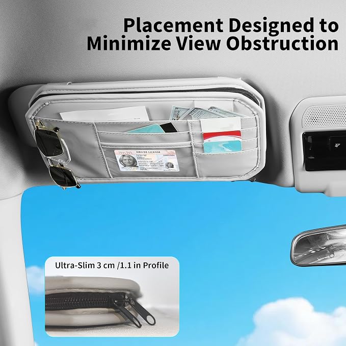 Car Sun Visor Organizer with Multi Pockets PU Leather Zipper Bag | Sunglass Holder with Elastic Straps and Glasses Clip Sunvisor Organizers Universal Fit for Trucks SUV Jeeps & Patrol Vehicles
