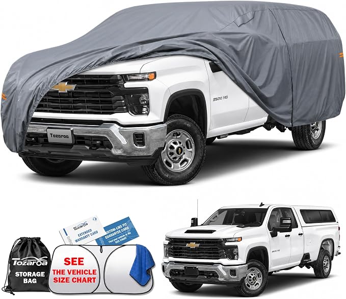 Truck Cover Waterproof All-Weather,Outdoor Full Exterior Pickup Covers for Truck Cover with Camper Shell Topper 242-262 inch,with Windshield Sun Shade,Size T7+ (See SizeChart)