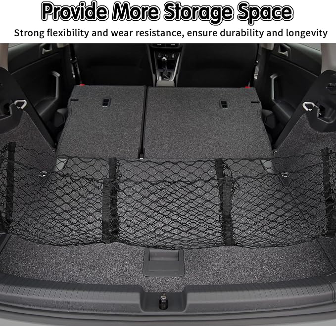 Tallew 2 Pcs Car Rear Cargo Net, Adjustable Elastic Mesh Cargo Net, 3 Pocket Heavy Duty Trunk Bed Storage Organizer, Universal for Car SUV Vehicle Pickup Truck with Accessories(43.3 x 15.7 Inches)