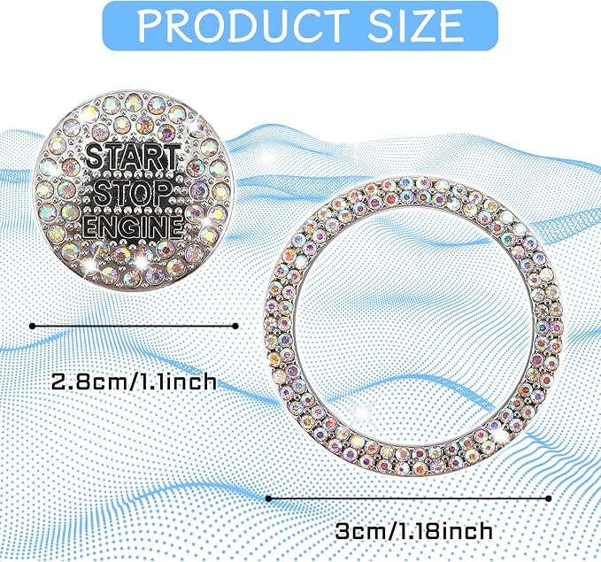 2PCS Rhinestone Push Start Button Cover Bling Car Accessories for Women, Sparkly Diamond Push to Starter Stop Button Decorative Cover, Key Ignition Knob Ring Crystal Emblem Sticker(Colorful)