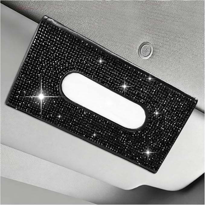 Bling Car Sun Visor Tissue Box Holder, Sparkling Auto Sun Visor Napkin Box Mask Holder, PU Leather Glitter Rhinestone Backseat Paper Towel Case for Cars Trucks SUVs (Black)