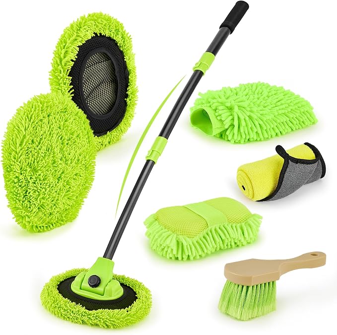 7-in-1 Car Wash Brush Kit with 15° Curved Long Handle for Cars | Car Cleaning Kit with 2 Replaceable Car Washing Mop, Wash Sponge, Mitt, Towel, Tire Brush for RV SUV Truck, Green