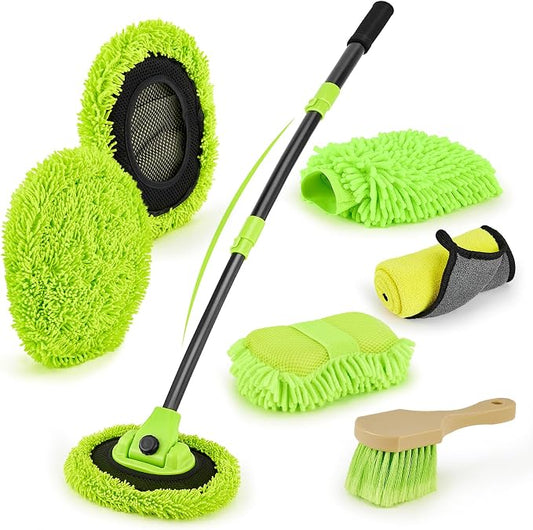 7-in-1 Car Wash Brush Kit with 15° Curved Long Handle for Cars | Car Cleaning Kit with 2 Replaceable Car Washing Mop, Wash Sponge, Mitt, Towel, Tire Brush for RV SUV Truck, Green
