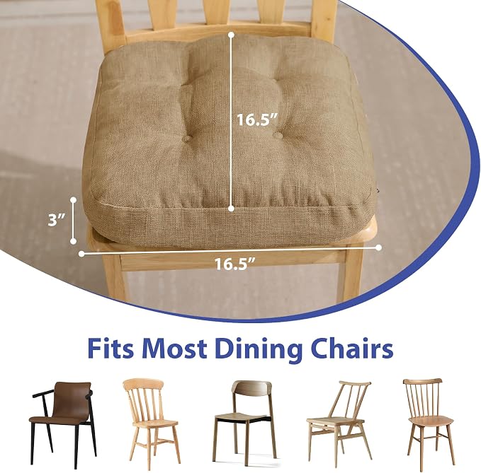 IASEAHK Chair Cushions for Dining Chairs, Dining Chair Cushions, Tufted Indoor Chair Pads with Ties & Non Slip Backing, Seat Cushions for Kitchen Chairs 16.5” x 16.5” x 3.5”, Set of 2, Khaki