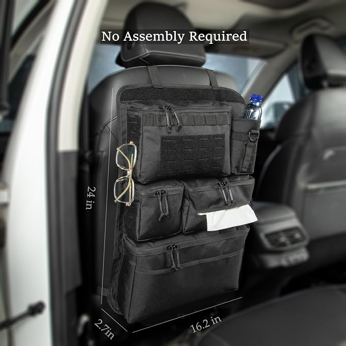 One-Piece Universal Car Seat Back Organizer with Tissue & Water Bottle Bag | Tactical Molle Car Backseat Organizer, Multi Separate Storage Compartments,for Car Truck Pickups SUVs