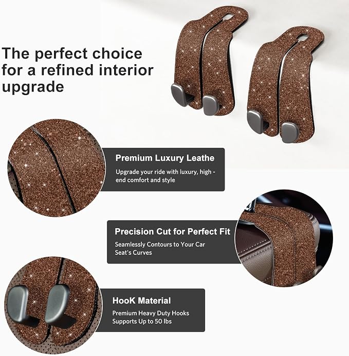 CoBak Purse Hook for Car - Universal Premium Stitched Leather and Aluminum-Magnesium Alloy Double Car Seat Back Storage Hook for Purses, Handbags, Bags (2 Pack),Brown Glitter