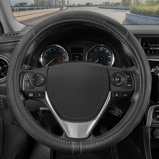 Motor Trend GripDrive Faux Black Leather Steering Wheel Cover for Car Truck Van SUV, Standard 15 inch Size, Gray Accent Stitched Car Steering Wheel Cover Vehicle & Auto Accessories