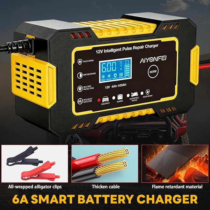 12V 6-Amp Battery Charger, Smart Trickle Charger Maintainer Yellow | Battery Desulfator, Winter & Summer Mode, Lead-acid Battery Chargers, for Car Truck Motorcycle Lawn Mower Boat