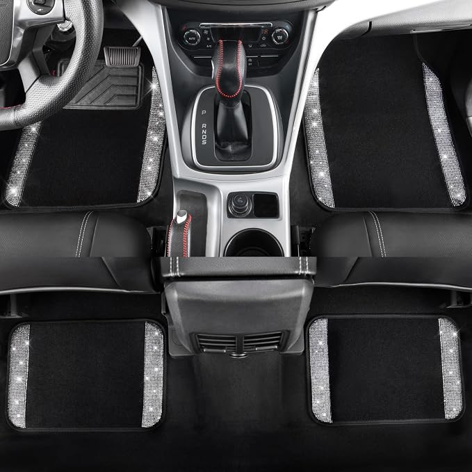 CAR PASS Bling Diamond Car Floor Mats, Shining Rhinestone Carpet Sparkly Glitter Crystal with Anti-Slip PVC Heel Pad Waterproof Universal Fit Automotive SUV,Sedan,Van,Cute Girl Women,4pcs Black Sliver