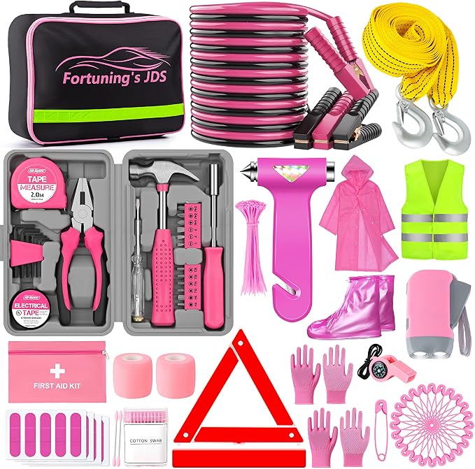 298PCS Roadside Emergency Car Kit- Car Emergency Kit with Jumper Cables, Roadside Emergency Kit for Vehicles, Emergency Car Kit, Car Safety Kits, Gloves,Tow Strap,Tool Kit,Reflective Warning Triangle