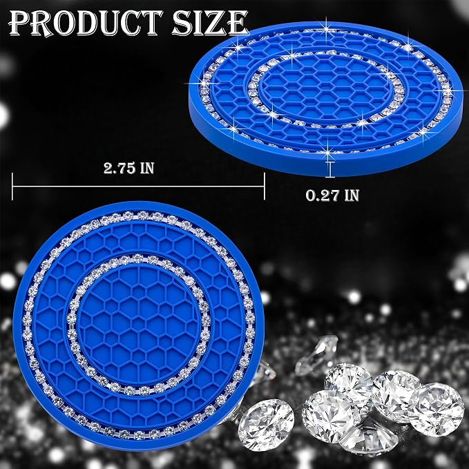 2PCS Bling Crystal Rhinestone Cup Holder Coaster, 2.75 inch Soft Silicone Anti-Slip Shockproof, Car Cup Holder Insert Coasters, Universal Car Interior Accessories for Women (Deep Blue & White)