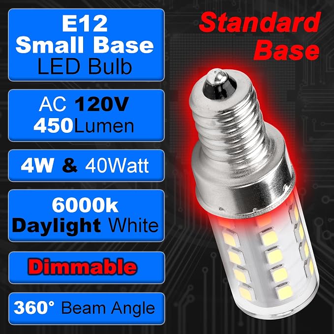 E12 Candelabra Light Bulb Dimmable 4W 450lm 6000K Daylight White, 4 Pack | Equivalent 40 Watt, AC120V, Candle Small Base for Chandelier Pendant Dining Rooms Living Rooms Bedrooms Office, No-flicker