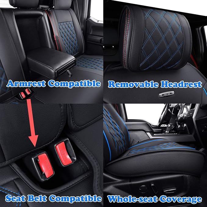 Aierxuan Full Set Car Seat Covers Custom Fit 2009-2026 Ford F150 Crew Cab, 2017-2026 F250 F350 F450 Super Duty Pick-up Truck, Automotive Vehicle Cushion Cover with Waterproof Leather (Black and Blue)