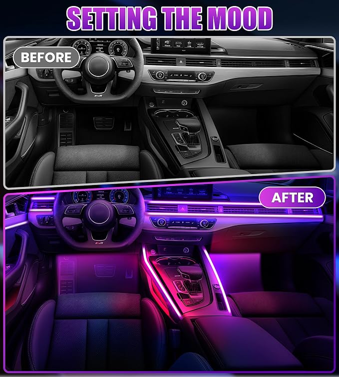 KENANEK 6in1 Tesla Interior Lights, 5V USB & Type-C Powered–Dreamcolor Acrylic Interior Car LED Strip Lights,Music Sync, OEM-Style Ambient Lighting with Dreamcolor Effects, Dual USB Cigarette Lighter