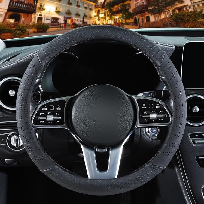 3D Slim Soft 14 inch Leather Steering Wheel Cover Black | Breathable Anti-Slip Premium Skin-Feel Perforated Thin Nappa Leather, Small 13.5 inch to 14 inch