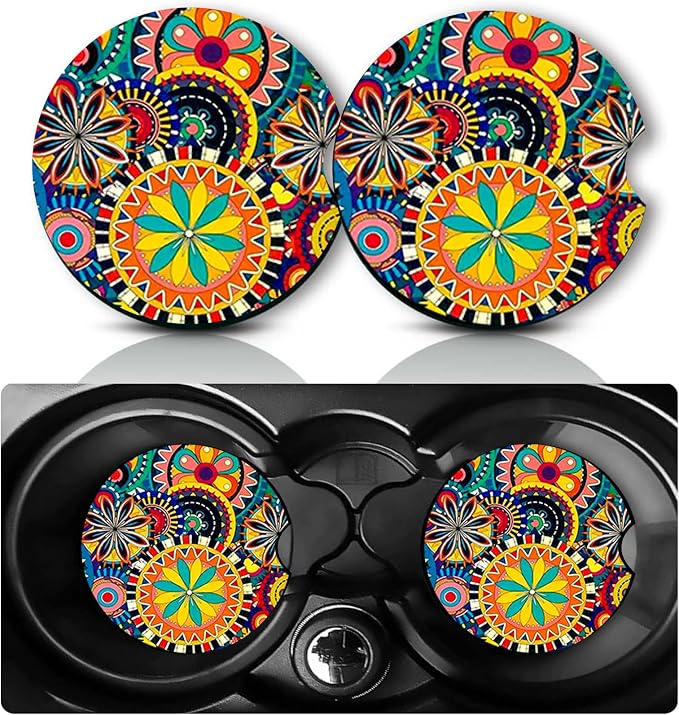 2Pcs Mandala Car Coasters,2.75" Neoprene Rubber Car Cup Holder Coasters | Universal Non‑Slip Mat, Drink Coaster Decor Auto Accessories Datura Gifts for Women,Men,Mom,Dad