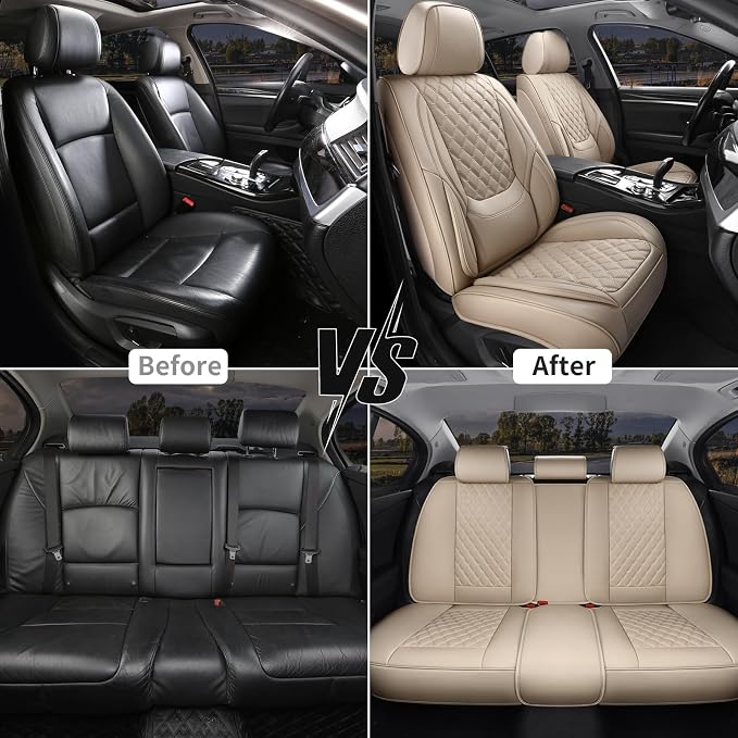 Car Seat Covers,Leather Front Seat Covers for Cars,Front Driver Seat Covers,Waterproof Car Seat Cushion Protectors,Universal Fit for Most Cars SUV Trucks (Beige, Front Seats)