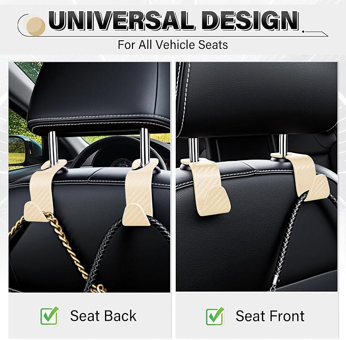 SINGARO Universal 4 Pack Car Seat Headrest Purse Hook, Carbon Fiber Back Seat Hook Storage Organizer Hanger for Purse Handbag Coat, Car Interior Accessories(Beige)