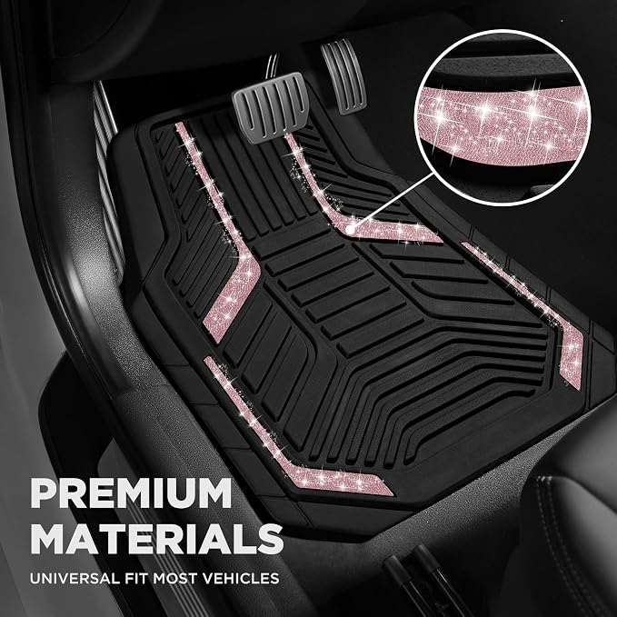 PIC AUTO Car Floor Mats, Pink Sparkly Crystal Bling Glitter Car Mats Set, Front and Rear Heavy Duty Rubber Car Mats with Anti-Slip Backing, All Weather, Trim-to-Fit for SUVs, Trucks, Sedan, Vans