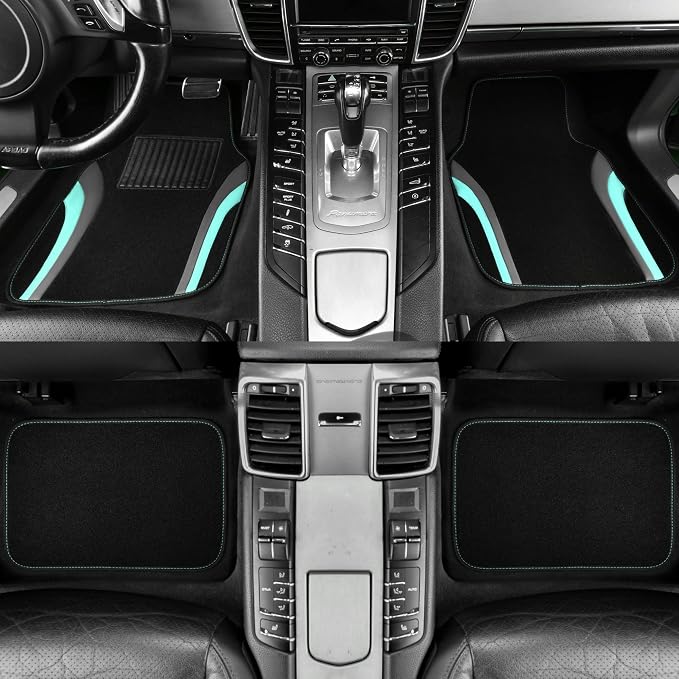 CAR PASS Leather Sporty Car Floor Mats Carpet, Universal Waterproof Automotive Floor Mat Fit for Sedans, Cars, Mid Trucks, Vans, SUV, Set of 4 (Black and Mint)
