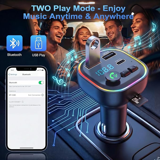 Wireless Car Adapter, USB-C Car Audio Transmitter with 40W Fast Charging, Bluetooth FM Transmitter for Cars, Supports Hands-Free Calls, MP3 Playback via USB/TF Card
