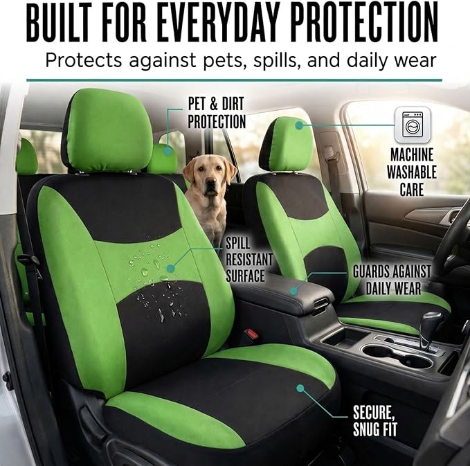 Automotive Seat Covers Green Universal Fit Combo Set with Steering Wheel Cover and Seat Belt Pad fits most Cars, SUVs, and Trucks (Airbag Compatible and Split Bench) FH Group FB030GREEN-COMBO