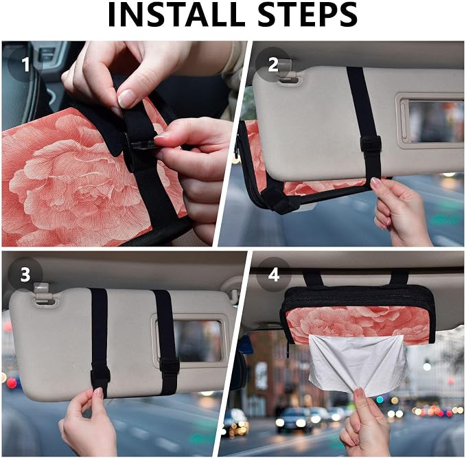 Car Tissue Holder Car Napkin Holder Tissue Box Dispenser Storage Case Sun Visor Mask Holder Accessories with Adjustable Straps Reusable Refillable Red Roses Petals