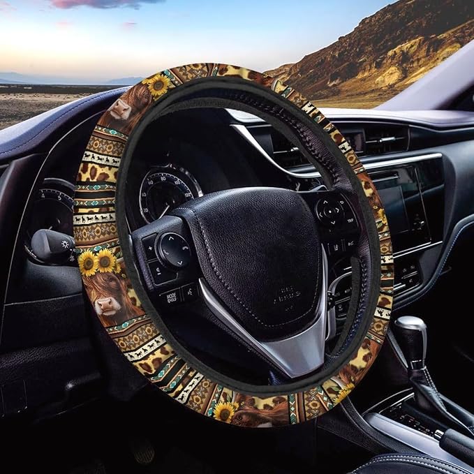 Wanyint Aztec Highland Cow Sunflower Leopard Print Auto Car Steering Wheel Cover for Women Men, Universal 15 Inch Soft Elastic Anti-Slip Easy to Install Car Accessories