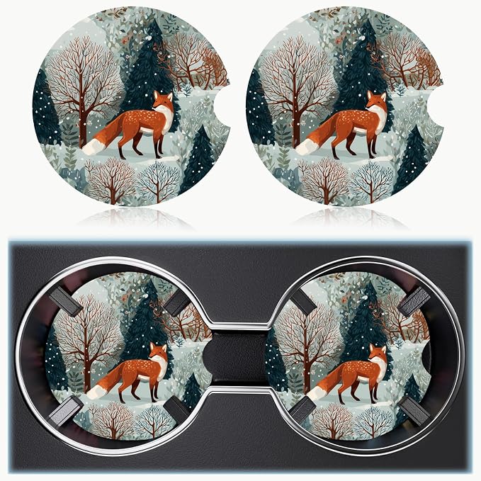 Car Cup Holder Coaster Set of 2, 2.56 in Ceramic Coasters, Scratch-Resistant Cork Backing, Finger Groove Design for Easy Placement, Cute Car Accessories Interior for Women (Snow Fox)