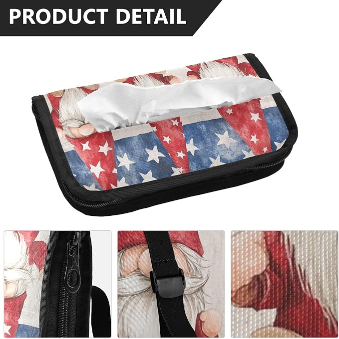 Three July 4th Gnomes Stars Car Tissue Holder Durable Napkin Holder Hanging Tissue Holders Case Car Tissues Bag for Sun Visor Seat Back Universal Auto