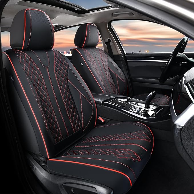 FLORICH Leather Seat Covers Car Seat Cover Front and Rear Seat Cover 5 Seats Automotive Seat Covers Waterproof Seat Covers for Cars Universal Fit for Most Cars SUV Trucks, Black&Red Line