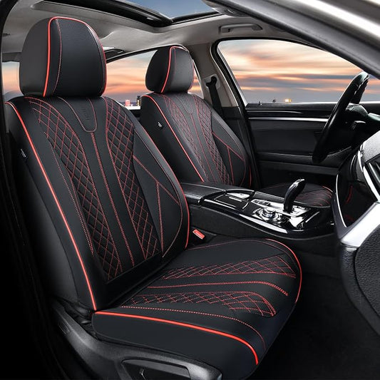 FLORICH Leather Car Seat Covers, Automotive Seat Cover 2 Pack Waterproof Seat Covers for Cars Driver Seat Cover Protectors Universal Fit for Most Cars SUV Trucks Vehicles, Black&Red Line