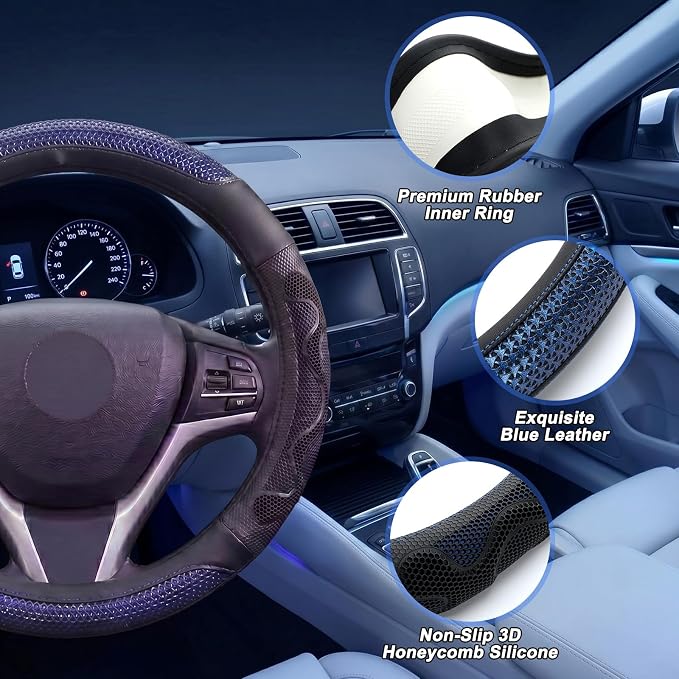 DaisyInner 17.5-18 Inch Steering Wheel Cover for Semi Truck No-Slip & Comfy Grip for Semi Trucks, Rv, Big Rig and 18 Wheelers(Mesh A,Leather,Blue)