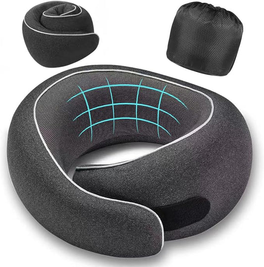 Travel Pillow, Memory Foam Neck Pillow with Ergonomic 360° Support, Travel Neck Pillow for Airplanes, Compact Design for Plane, Car & Office Travel Essentials, Max Black