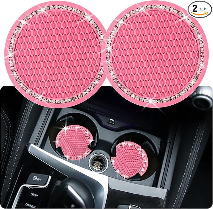 2PCS Bling Car Cup Coaster, 2.75 Inch Auto Cup Holder Insert Coasters Silicone Anti-Slip Crystal Rhinestone Drink Mat, Universal Vehicle Interior Accessories for Women Girls (Pink)