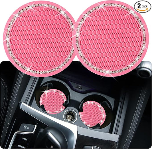 2PCS Bling Car Cup Coaster, 2.75 Inch Auto Cup Holder Insert Coasters Silicone Anti-Slip Crystal Rhinestone Drink Mat, Universal Vehicle Interior Accessories for Women Girls (Pink)