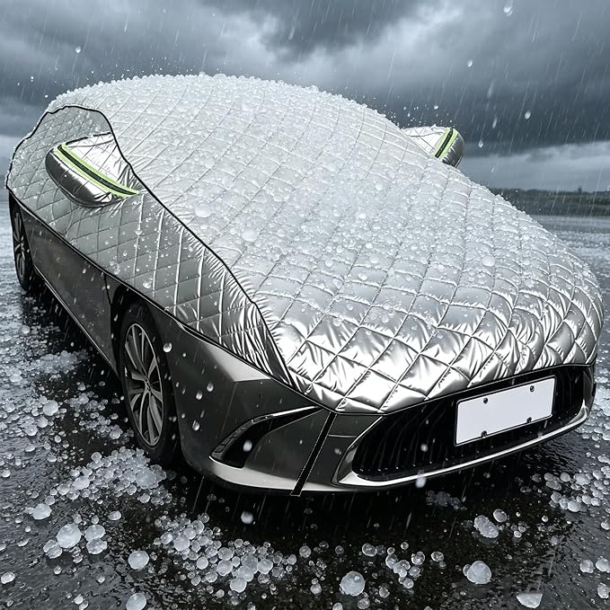 Hail Protection Car Cover Half Cover,5-Layer Heavy Duty Waterproof 210T Taffeta with Double Cotton Padding,Sun UV Rain Snow Resistant,fit Hatchback,Sedan and SUV with Lengths from 4.3 m-4.5 m,Silver