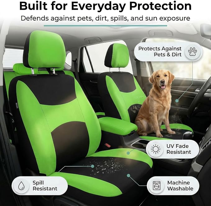 FH Group Universal Car Seat Covers Front Set for SUV Truck Sedan Vans | Waterproof All-Purpose Cloth Seat Cover Set Airbag Compatible Washable Split Bench Protector Interior Upgrade - Green