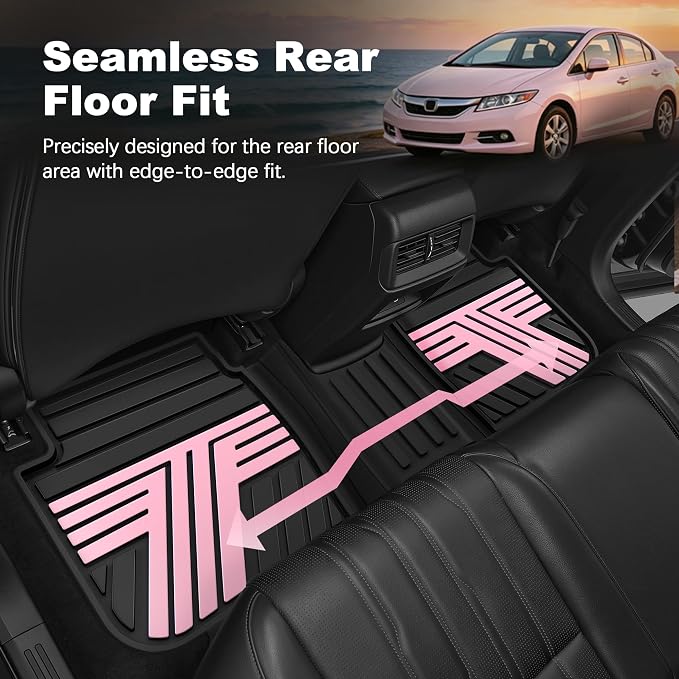 Rubber Floor Mats for Honda Civic Sedan 2012-2015 (Not for Coupe) | All Weather Heavy Duty Car Mats Fit for Civic, 1st & 2nd Row, Black & Pink