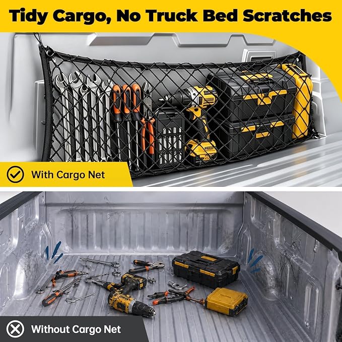 Side Cargo Net for Chevrolet Silverado 1500, GMC Sierra 1500& Dodge RAM1500 | 2019-2026, Double Layer Truck Bed Cargo Net, Heavy Duty Cargo Organizer Storage Nets, Tailgate-Free Side Access for Camping