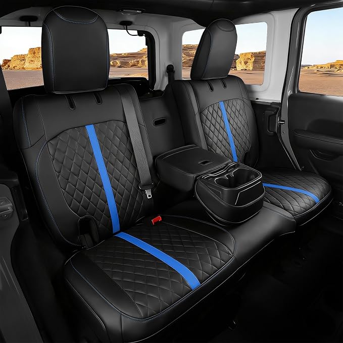 for Jeep Wrangler Seat Covers 4Door JL 2018 2019 2020 2021 2022 2023 2024 2025 2026, Custom Car Seat Cover Full Set, Luxury Waterproof Leather Protectors, Black Blue Trim,with Rear Cup Holder