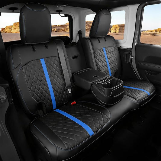 for Jeep Wrangler Seat Covers 4Door JL 2018 2019 2020 2021 2022 2023 2024 2025 2026, Custom Car Seat Cover Full Set, Luxury Waterproof Leather Protectors, Black Blue Trim,with Rear Cup Holder