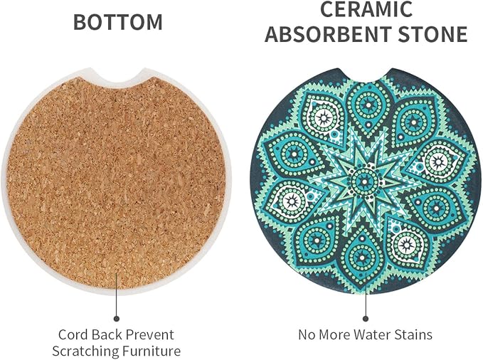 Vaincre 4 Pack 2.56" Car Coasters for Drinks Absorbent, Mandala Ceramic Cup Holder Coaster for Your Car with Fingertip Grip, Removable Cute Auto Accessories, Keep Vehicle Clean for Women & Girls