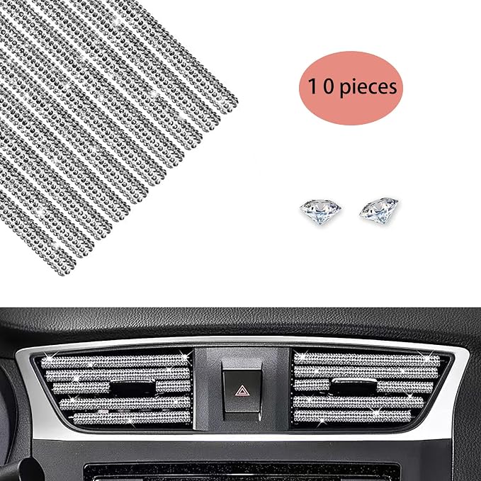10 Pieces Bling Diamond Car Air Conditioner Vent Trim Decoration Strips Accessories, Waterproof Flexible Shiny Auto Car Interior Accessories for All Air Vent Outlet for Women…
