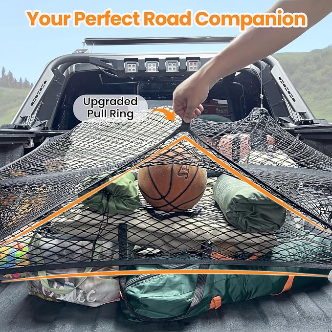 Double-Layer Truck Bed Organizer Net Elastic Cargo Mesh for Pickup Bed | Stretchable Mesh from 4x4 FT up to 7x7 FT | 8 Heavy-Duty Carabiners | 6 Rings Included | Anti-Slip | Easy Install