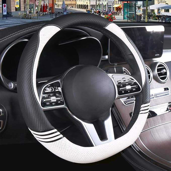 15 inch Cute Leather D Shape Steering Wheel Cover Black White | Breathable Faux Leather and Carbon Fiber Flat Bottom Car Accessories for Women Men Universal 14.5 inch to 15 inch