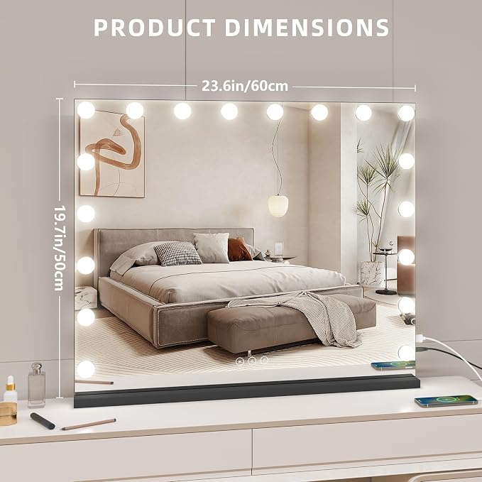 Vanity Mirror with Lights,Makeup Mirror with 17 Dimmable LED Bulbs, 3 Color Lighting Modes Detachable 10X Magnification Mirror Touch Control, 23.6X19,7 inch, Black