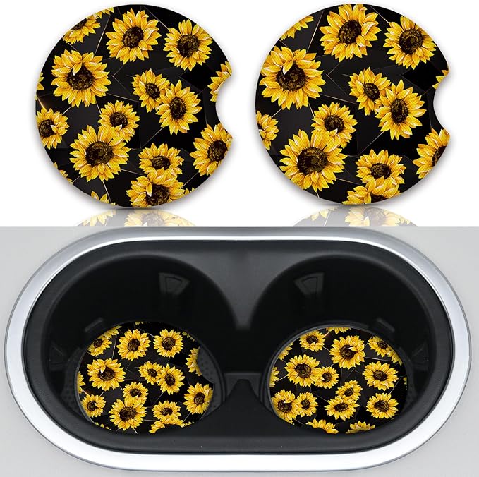2 Pack 2.75" Sunflowers Coasters Absorbent for Women & Men Auto Drink Coasters Mats Vehicle Car Coaster for Interior Holder Accessory Insert Cars Cup Accessories