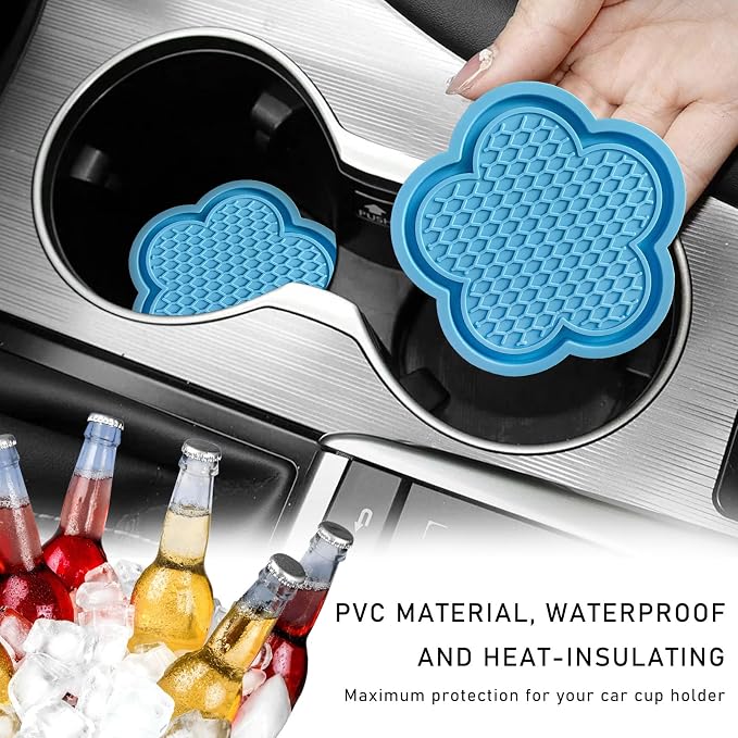 DXNQ 4 PCS Car Cup Coasters, Cute Flower Shaped Car Cup Holder Mat, PVC Waterproof Anti Slip Vehicle Cup Holder Insert Coaster, Universal Car Interior Decor Accessories (Sky Blue)